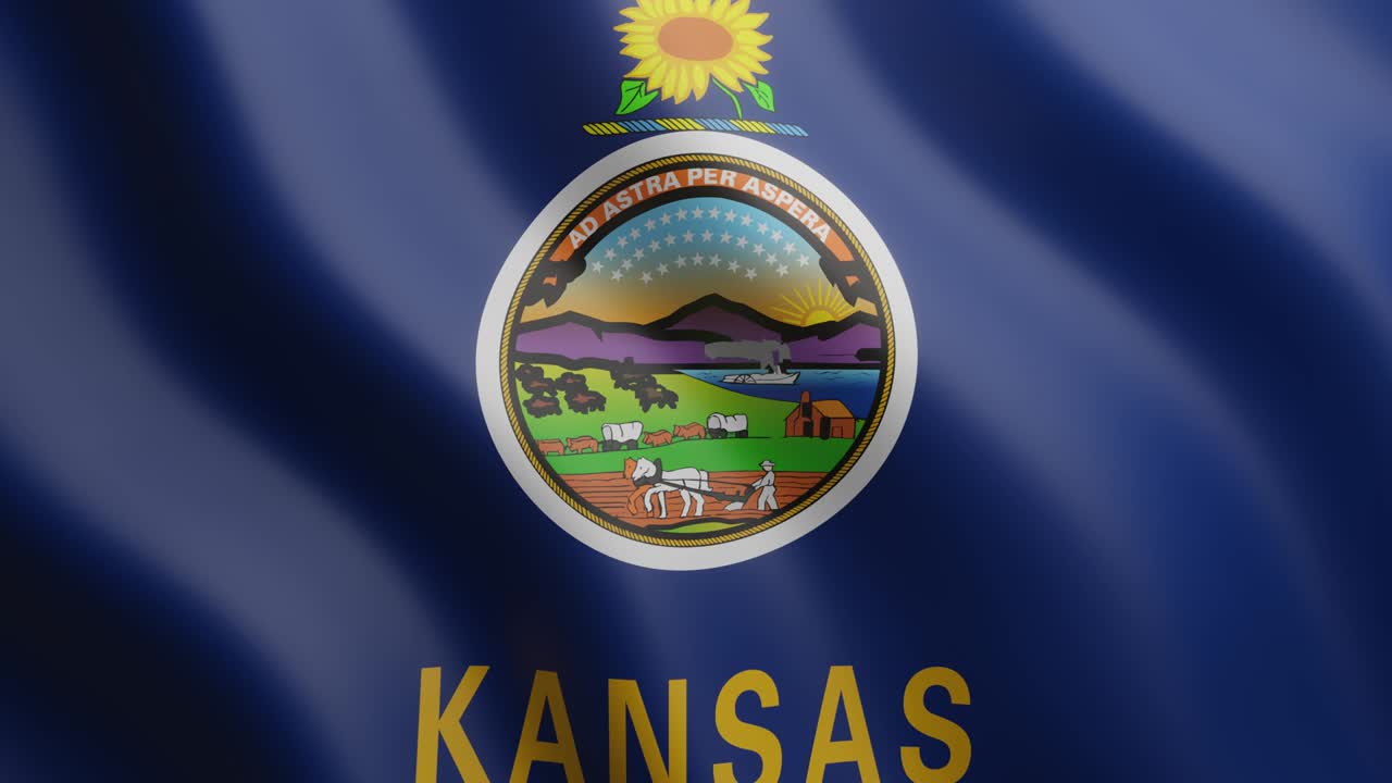 3d-флаг штата канзас. национальный флаг на ветром фоне. реалистичный анимационный видеоклип 4k
