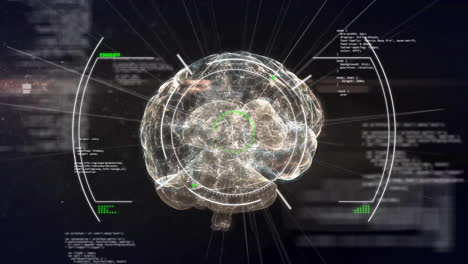 Animation-of-human-brain,-scope-scanning-with-data-processing-over-dark-background