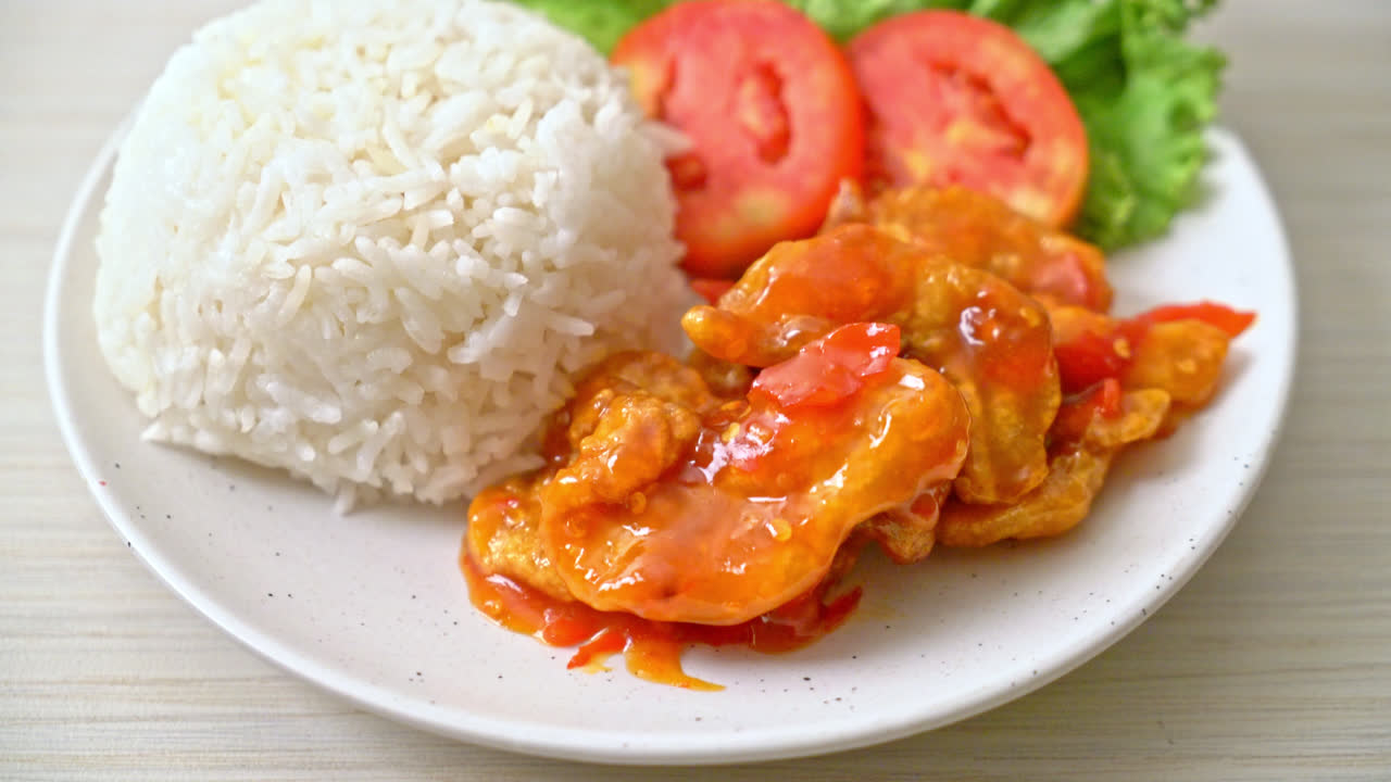 Sweet and sour chicken with rice and salad