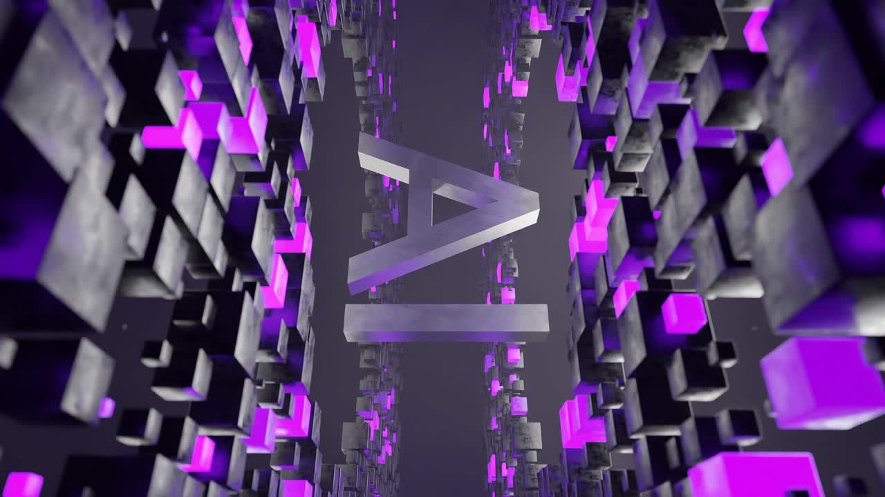 Letters AI in metallic 3D style inside abstract tunnel of black and purple cubic blocks. Digital futuristic background. Artificial intelligence and machine learning concept. vertical
