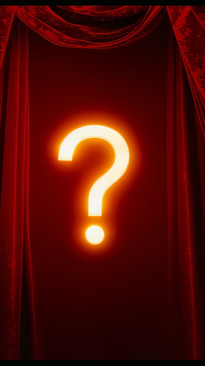 Vertical video: Pulsing golden question mark sign beginning bright on red velvet curtains, teasing