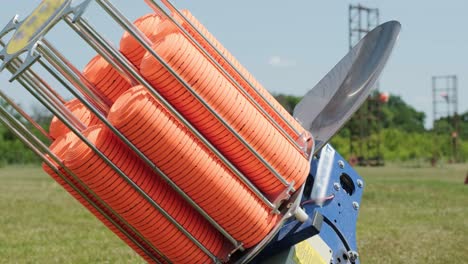 slow motion clay pigeon from the side. bench shooting on plates. v-log bench shooting on plates. automatic machine for throwing plates for shooting. throwing machine for bench shooting.