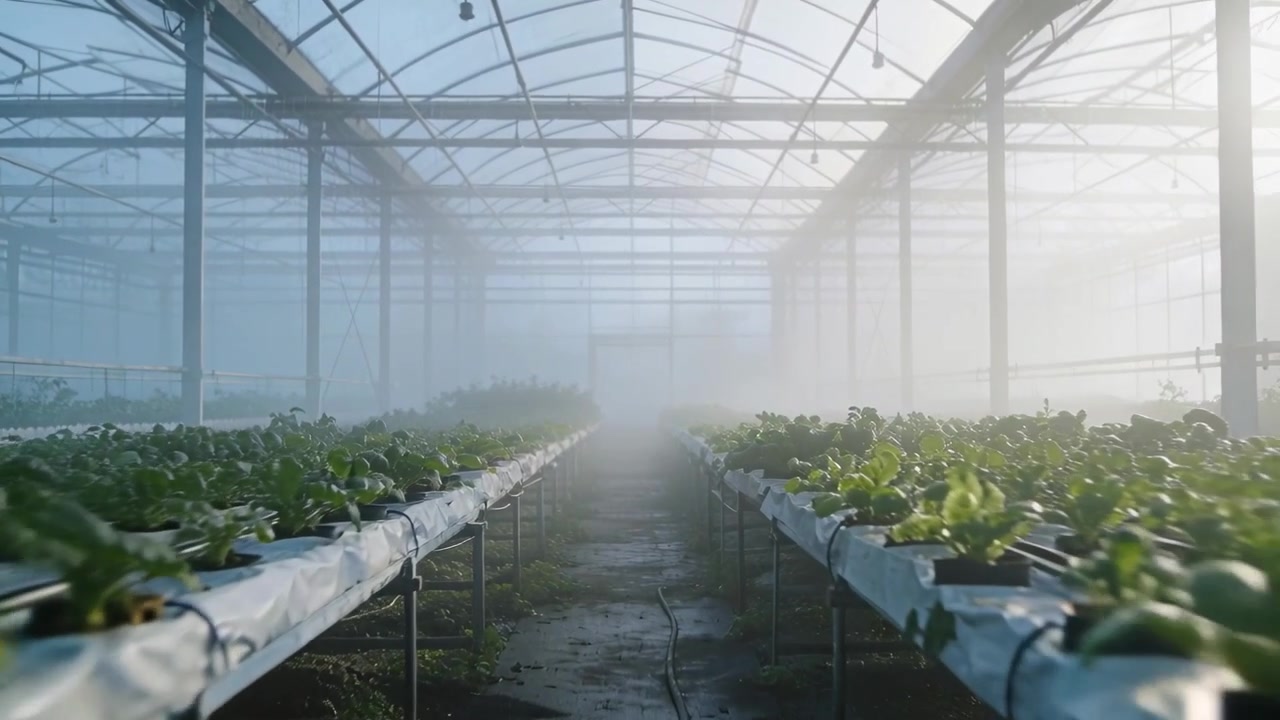 Sistema di nebulizzazione che rilascia nebbia, muovendosi lungo il corridoio centrale e diffondendo la luce attraverso le vasche idroponiche.