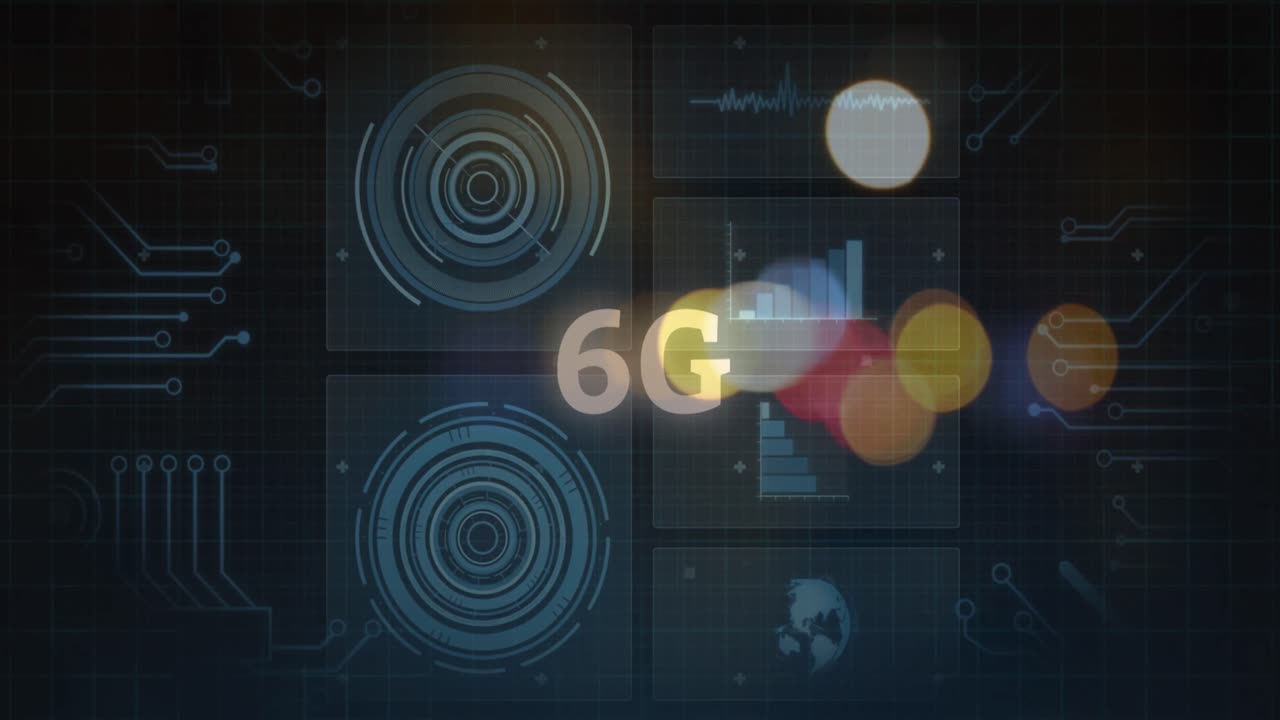 animación de semáforos borrosos sobre el círculo de procesamiento, 6g y espacio oscuro