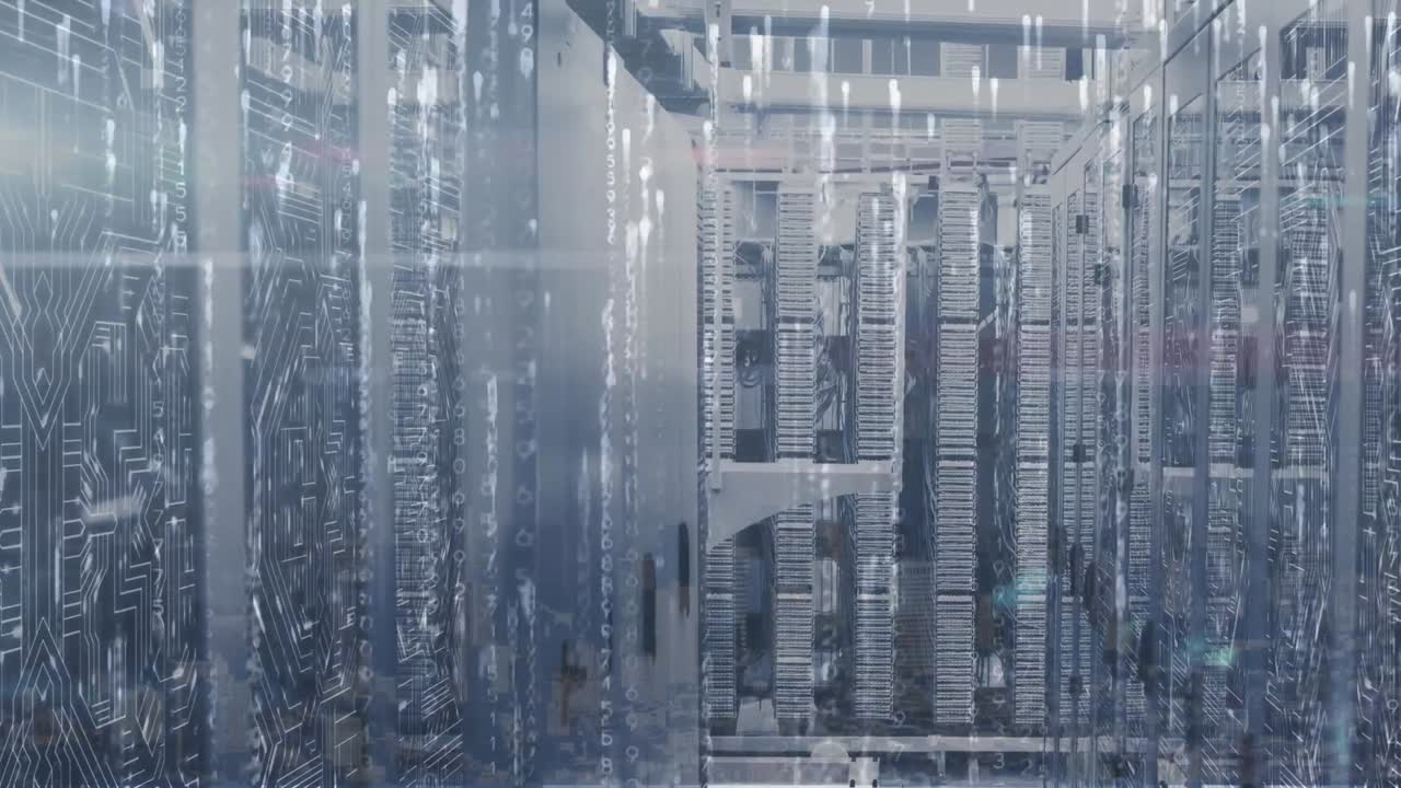 animazione di luci che cadono sui server