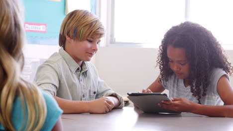 Two pupils sharing tablet computer during lesson at school