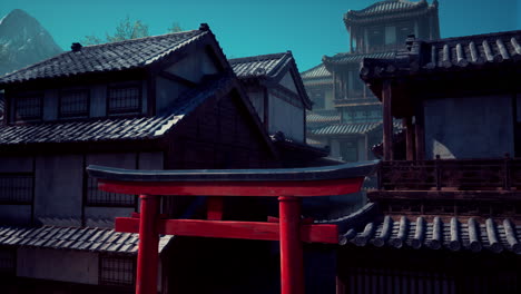 3d render of a japanese village with torii gate