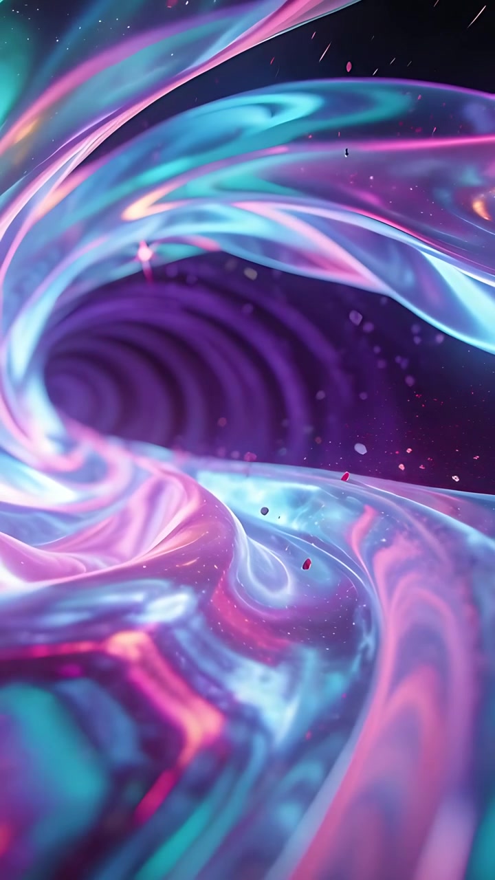 Vertical video: Folding iridescent ribbon pulling droplets, bits into spiral tunnel after plume