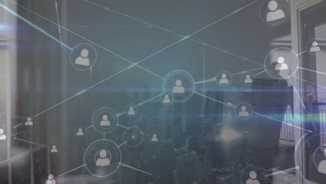 animation of network of connections with icons over diverse two business people