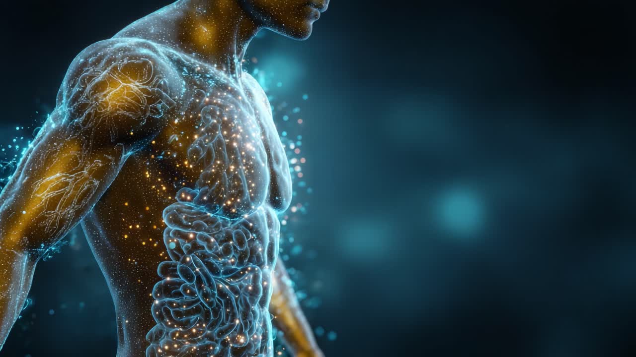 Een betoverende visualisatie van de menselijke anatomie: Een artistieke weergave van het menselijk lichaam met stralende deeltjes en organische structuren die interne systemen verlichten
