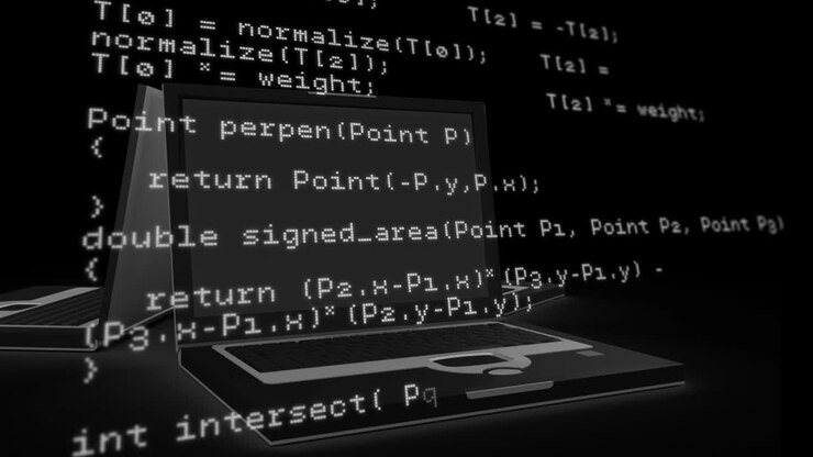 Animatie van gegevensverwerking over een laptop op een zwarte achtergrond