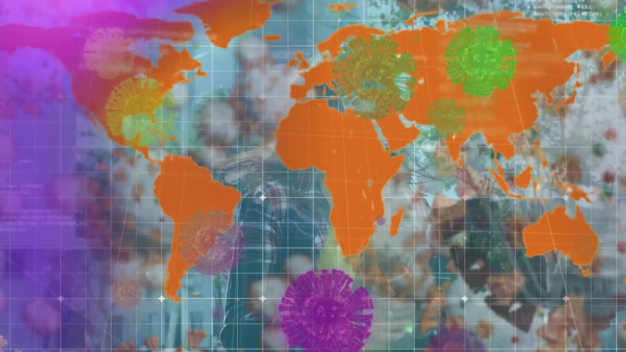 animación de las células de covid-19 en el mapa del mundo