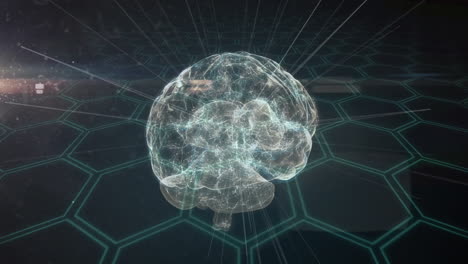 digital brain with neural connections animation over hexagonal grid background