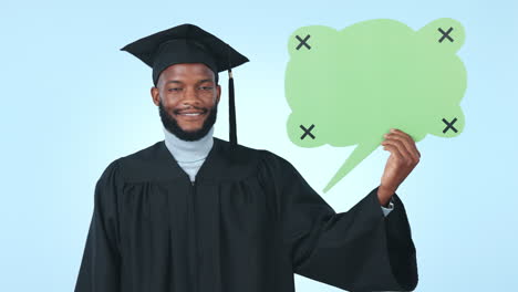 man, graduation and speech bubble in studio