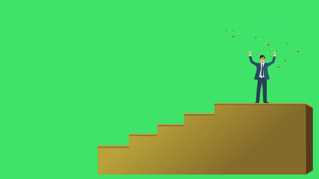una caricatura o versión animada de un hombre de negocios, empresario o ejecutivo de ventas que sube una escalera para indicar crecimiento, desarrollo profesional, - concepto de crecimiento empresarial con pantalla verde