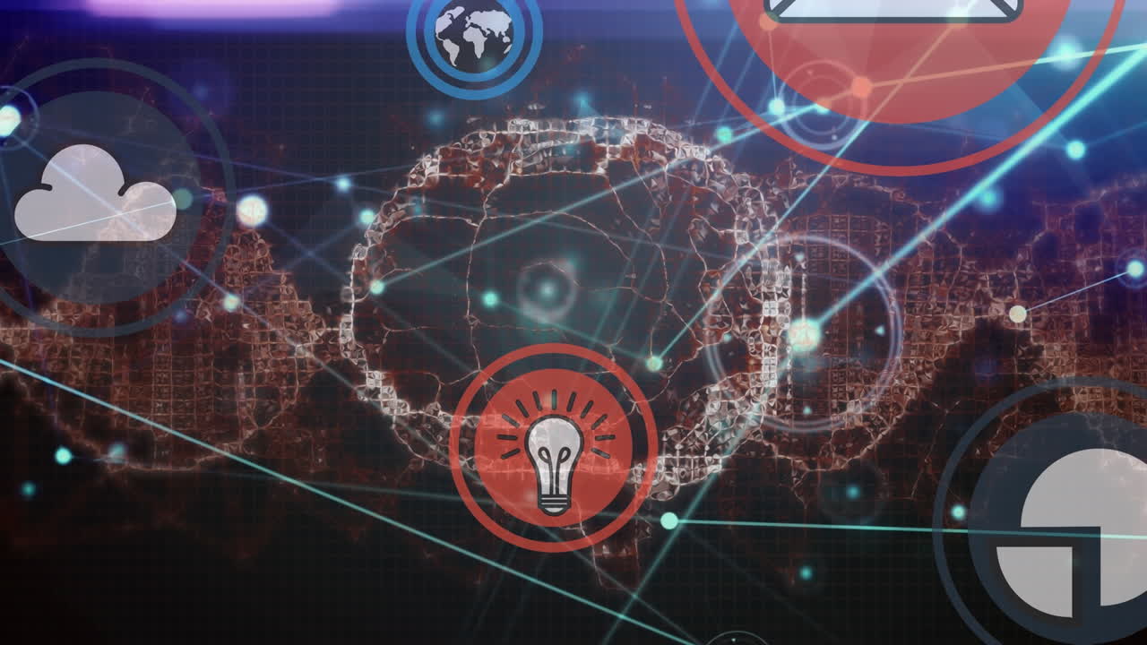 Animation of falling icons with network of connections on dark background