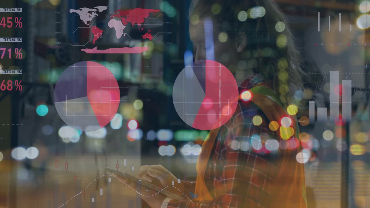 배송 센터에서 태블릿을 가진 여성 창고 노동자에 대한 데이터 처리 애니메이션