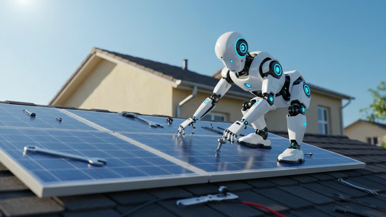 A futuristic robot efficiently installing solar panels on a rooftop, showcasing the integration of advanced technology in renewable energy solutions