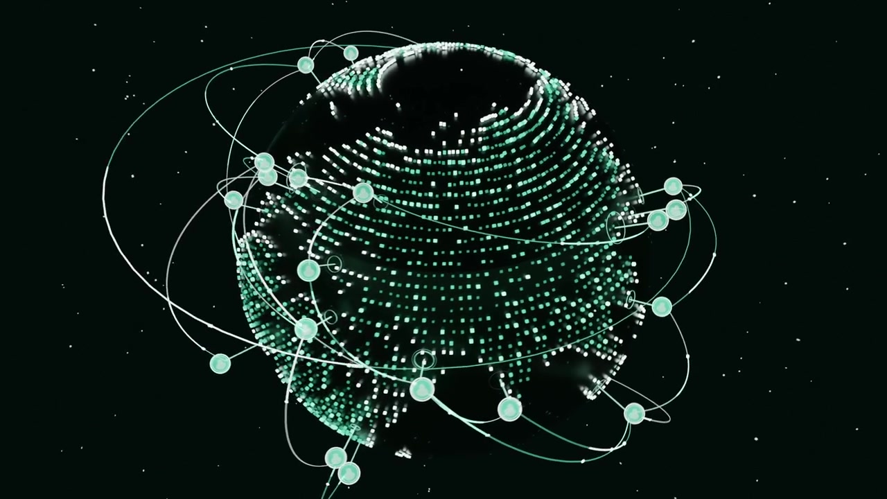 Rotating teal globe showing continents on black as nodes spawning, orbiting and forming network