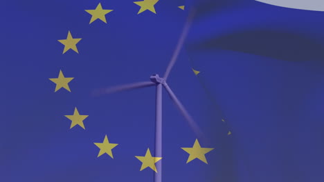 animation of european union flag over rotating wind turbine