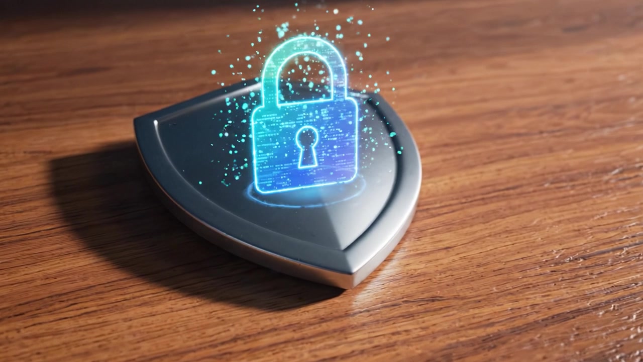 A sleek shield-shaped device on a wooden surface displaying a holographic lock symbol, representing digital security and protection from cyber threats.
