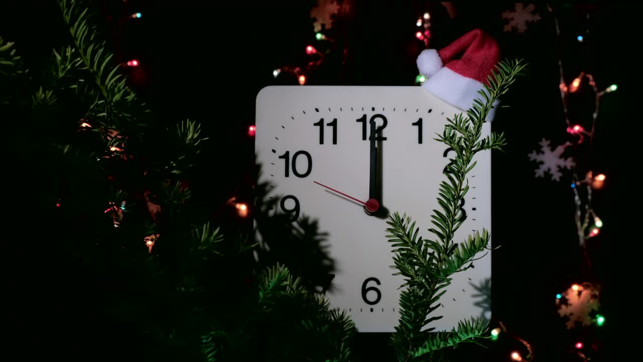 reloj en ramas de abeto de año nuevo en fondo negro. la manilla de segundos se mueve en círculo de reloj mecánico y muestra las doce en punto a medianoche y víspera de navidad. concepto de vacaciones, lapso de tiempo, primer plano, primer plano