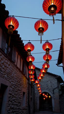 red lanterns illuminate a charming european alleyway