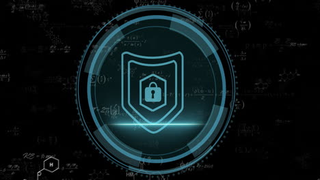 cybersecurity shield with lock icon animation over mathematical equations on dark background