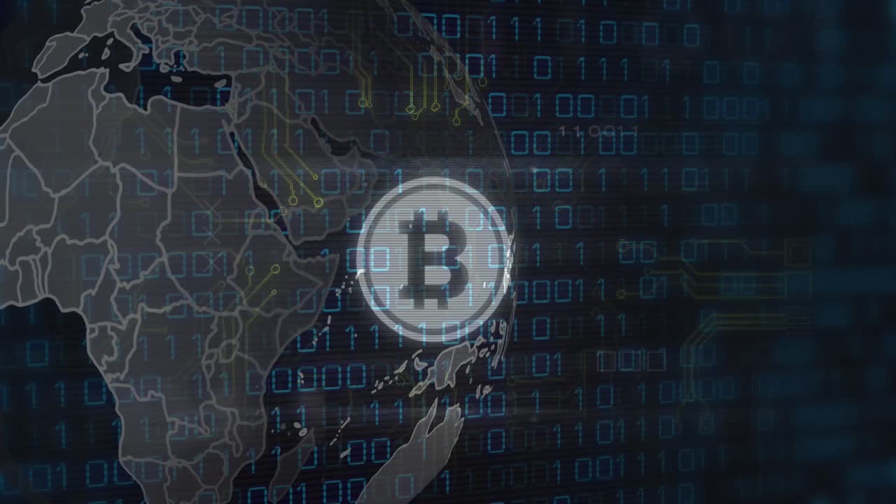 animación del procesamiento de datos sobre el globo y bitcoin