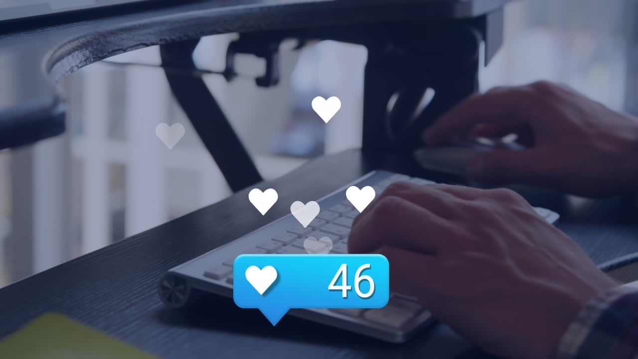 Animation of social media data processing over caucasian man using computer
