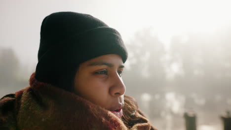 camping, woman and winter breath in nature