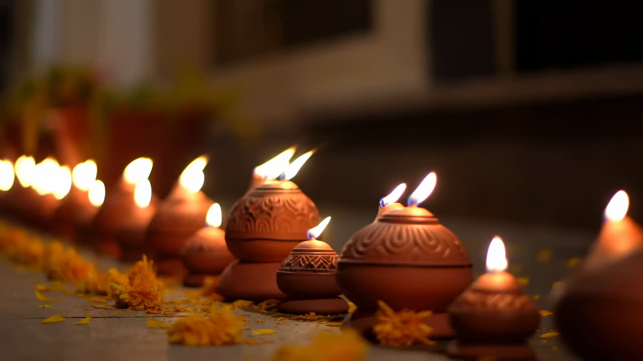 Traditional Indian Clay Lamps Burning with Warm Light