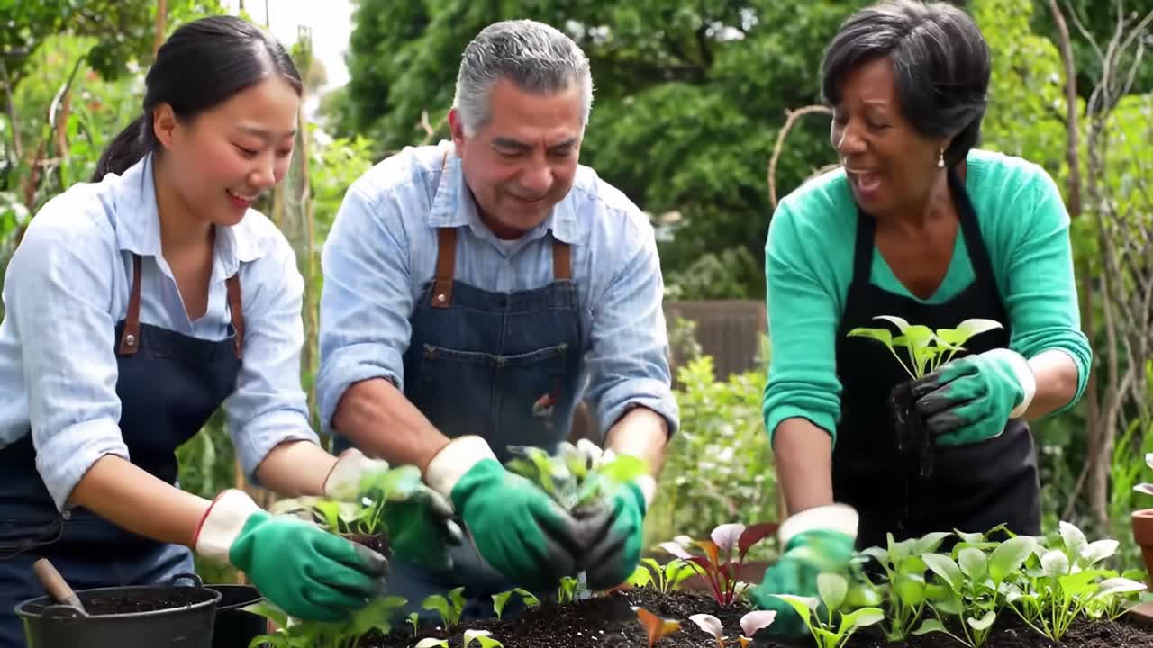 Friends work collaboratively in a vibrant community garden, planting seedlings in the rich soil. Laughter and joy fill the air as they nurture the plants under the warm sun.