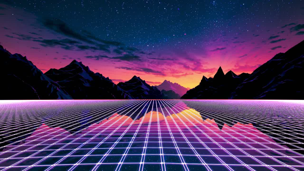 Retro Futuristic Landscape with Neon Grid