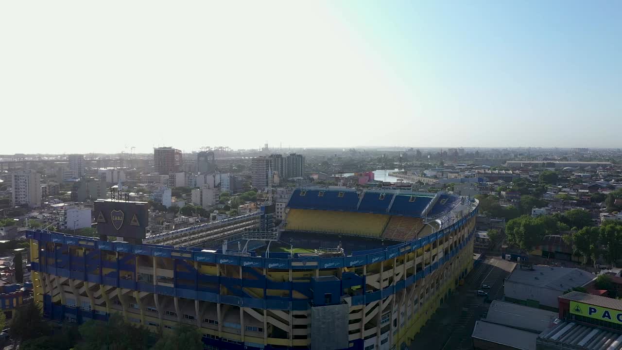 Aerial View Of Boca Juniors Stadium In La Boca, Buenos Aires, Argentina. Known As La Bombonera Due To Its Unusual Shape And Steep Sides. drone descend