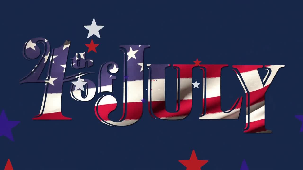 Animation of 4th of july text with flag of united states of america and blue background
