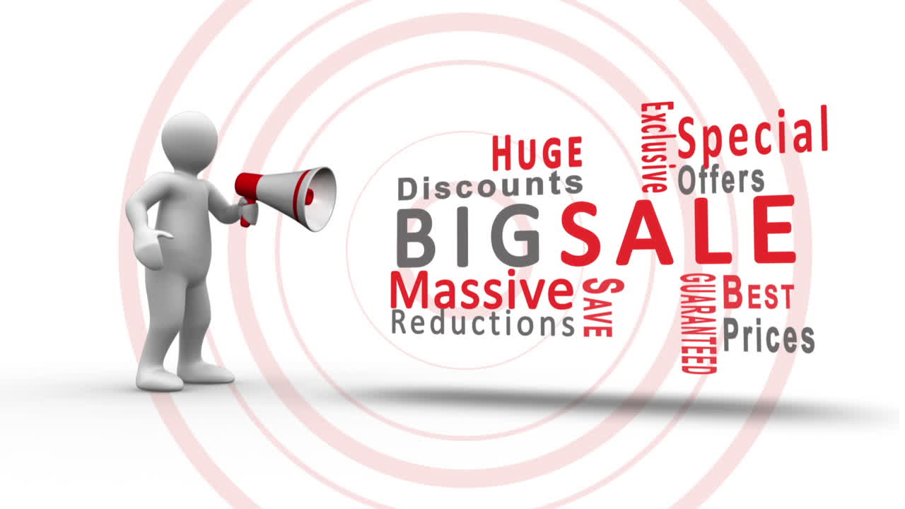 백색 인물이 메가폰으로 소리를 지르며 특별 제안 조건을 밝히고 있습니다.