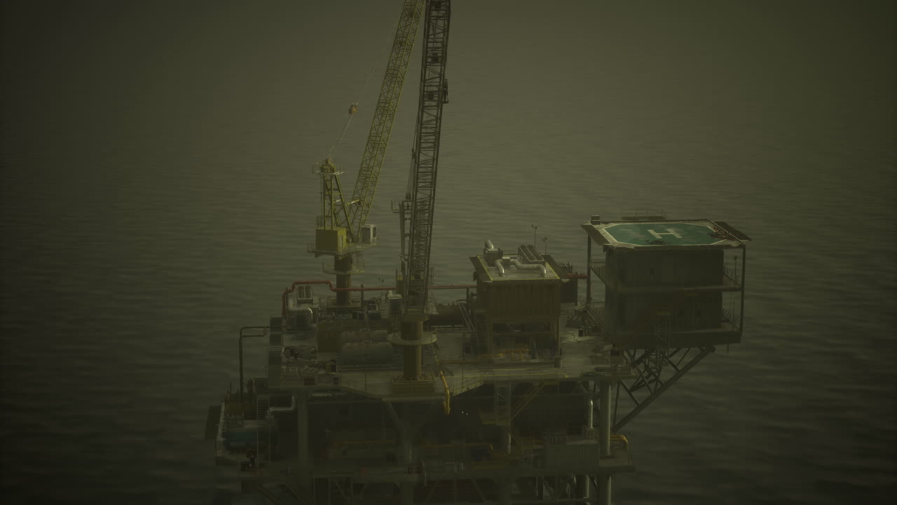 Offshore drilling platform surrounded by calm waters at dusk