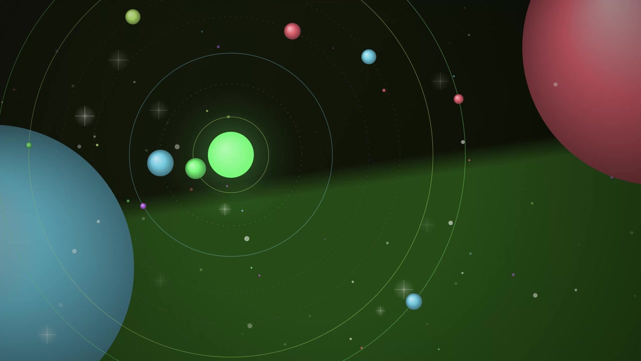 Planetary spheres orbit a glowing green star against a dark space background with stars.