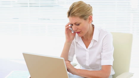 Businesswoman-working-on-laptop-while-on-the-phone