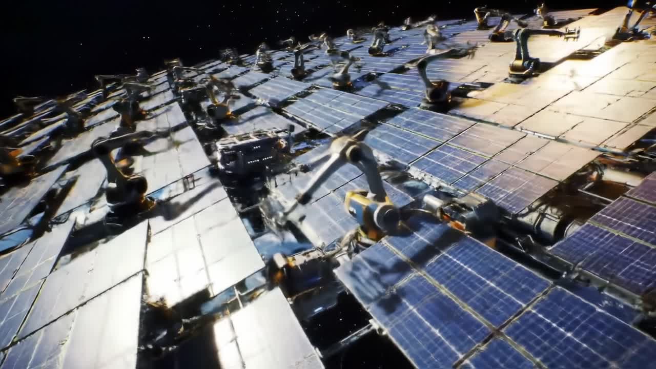 Aerial View of Advanced Solar Panel Array Managed by Robotic Arms, Illuminated in Space, Showcasing Cutting-Edge Technology for Sustainable Energy Production