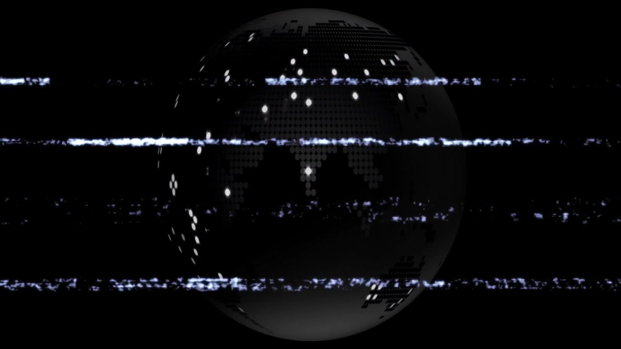 Vuoto oscuro che rivela un globo sferico a griglia trasparente, che ruota mentre bande di glitch distorcono i pixel della mappa.