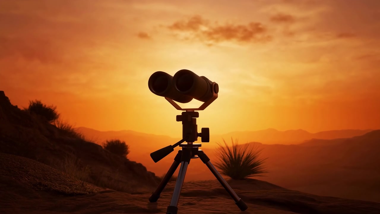 Et silhuetteret teleskop står på et stativ i forgrunden mod en glødende orange solnedgang, med tørt stenet terræn, fjerne bakker og en klar varm himmel.
