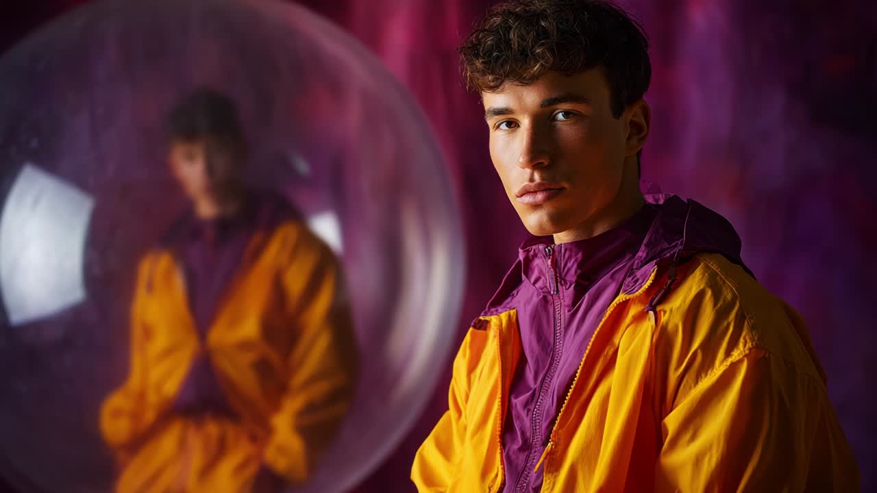A captivating portrait of a young man dressed in vibrant apparel featuring a purple and yellow jacket, set against an artistic backdrop with a large spherical reflection adding depth and intrigue to the scene