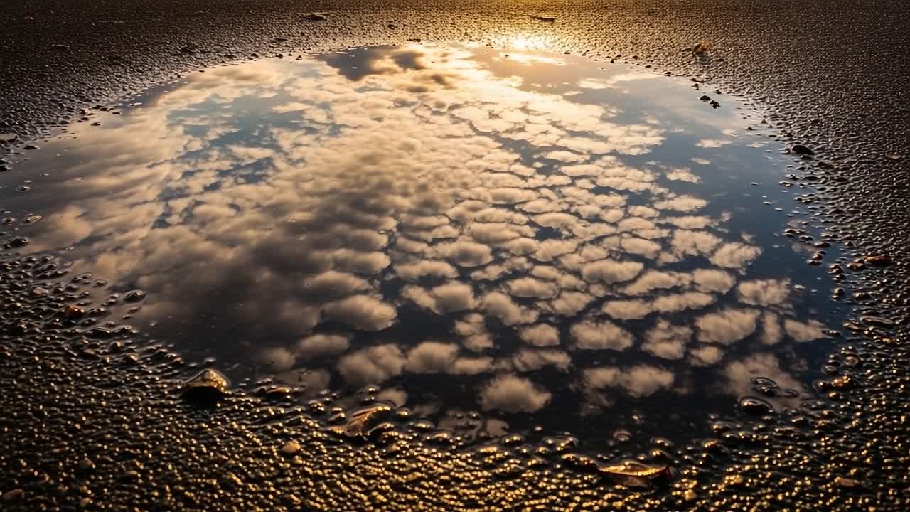 Reflections of the Sky: A Stunning Puddle Capturing the Beauty of Clouds and Light on a Textured Surface during Golden Hour
