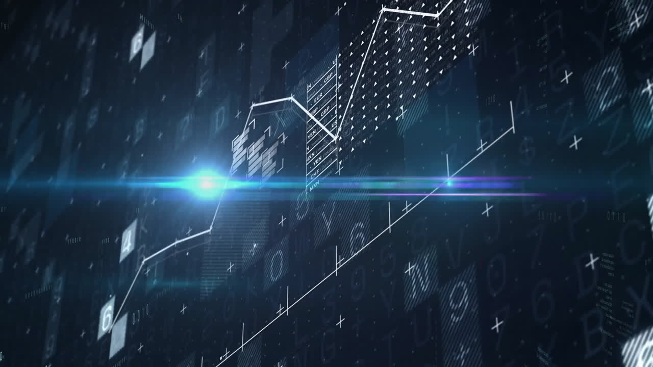 Glowing digital data and graphs with animation on dark background