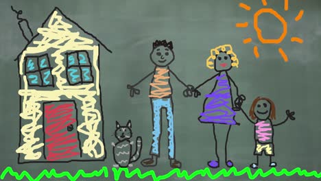 Digitale-Animation-Eines-Handgezeichneten-Familiengemäldes-Und-Eines-Hauses-Vor-Grauem-Hintergrund