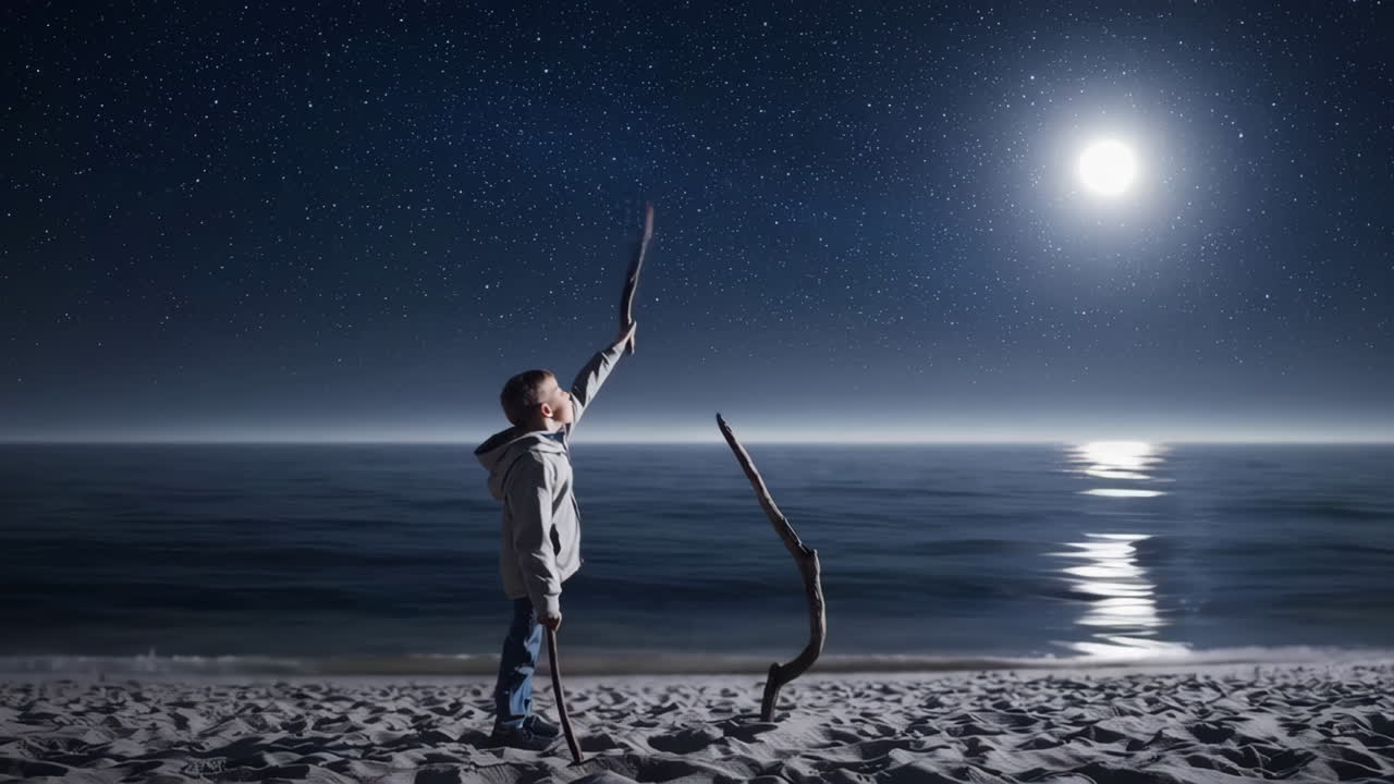 Child gazing at the moon and stars on a night beach