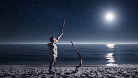 child gazing at the moon and stars on a night beach