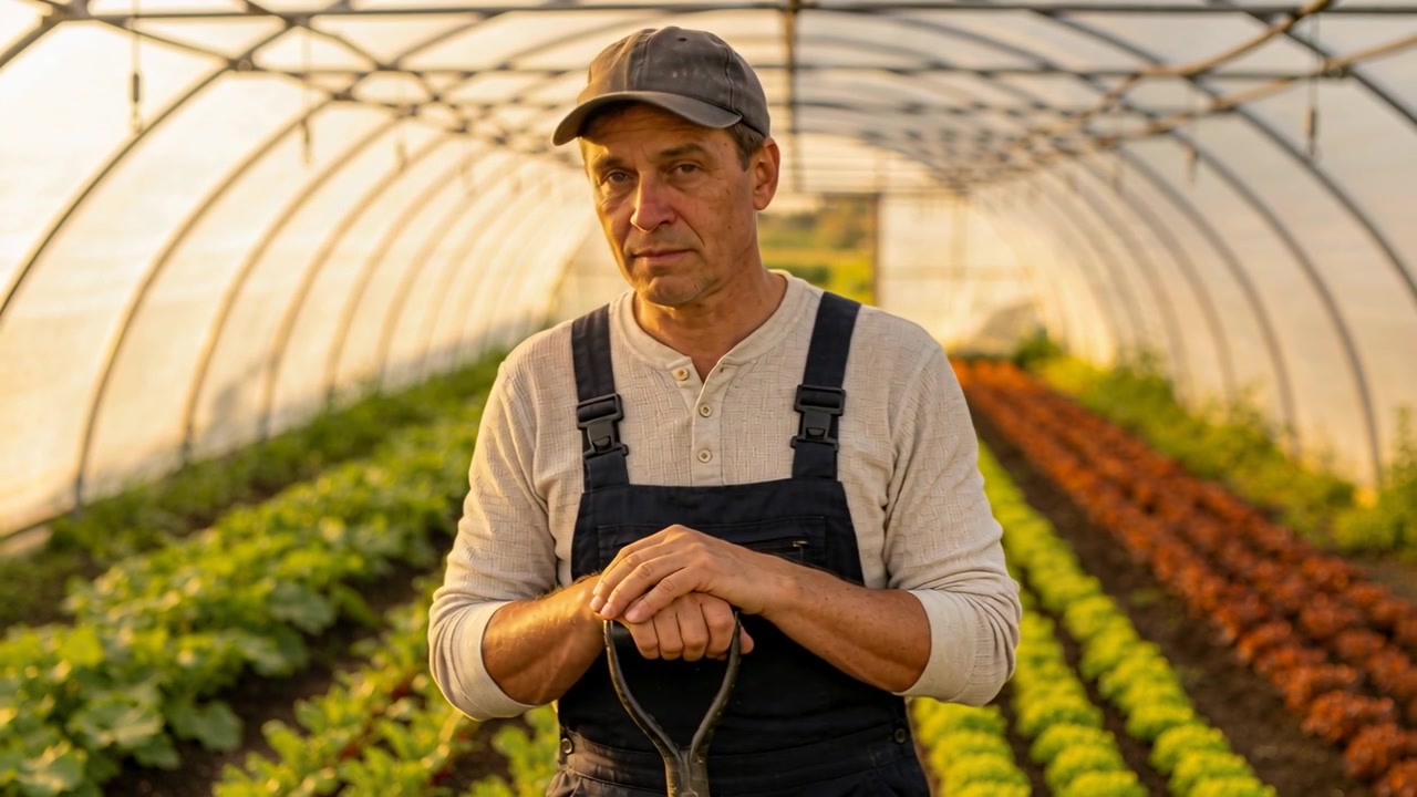 Coltivatore in pausa con tuta da lavoro in una serra a tunnel mentre il sole riscalda, tiene una pala e ispeziona la lattuga.
